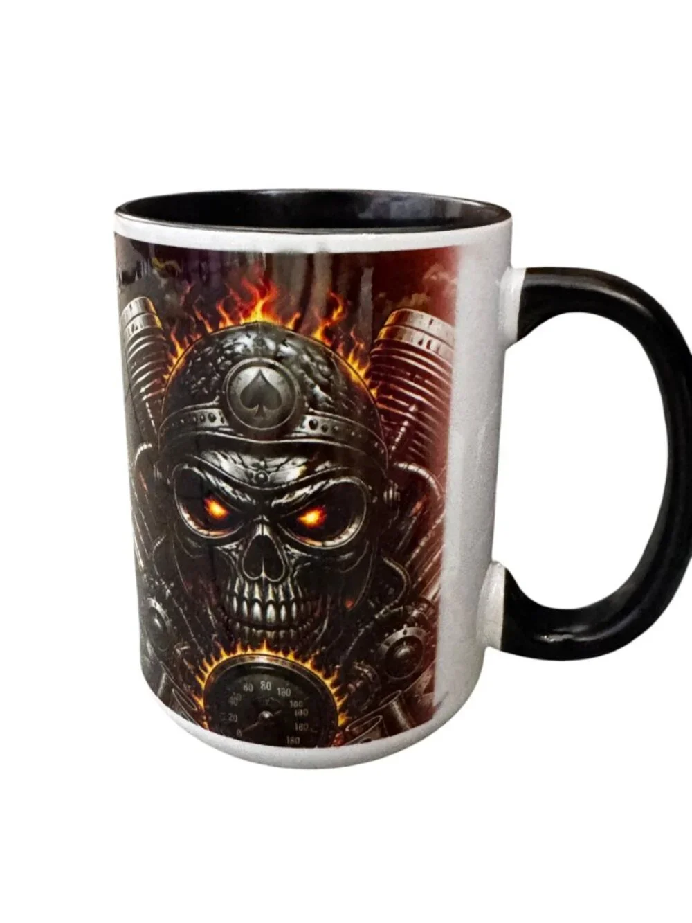 Flaming Skull Biker Ceramic Coffee Mug, 15 oz